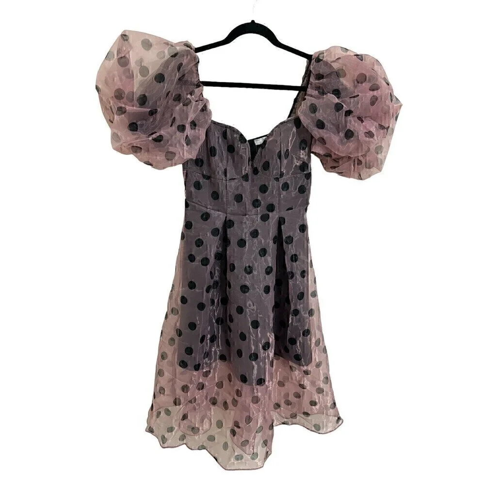 NEW Asos Dress Size 6 Women's Organza Overlay Puff Sleeve Midi Polka Dot Dress - Picture 1 of 7